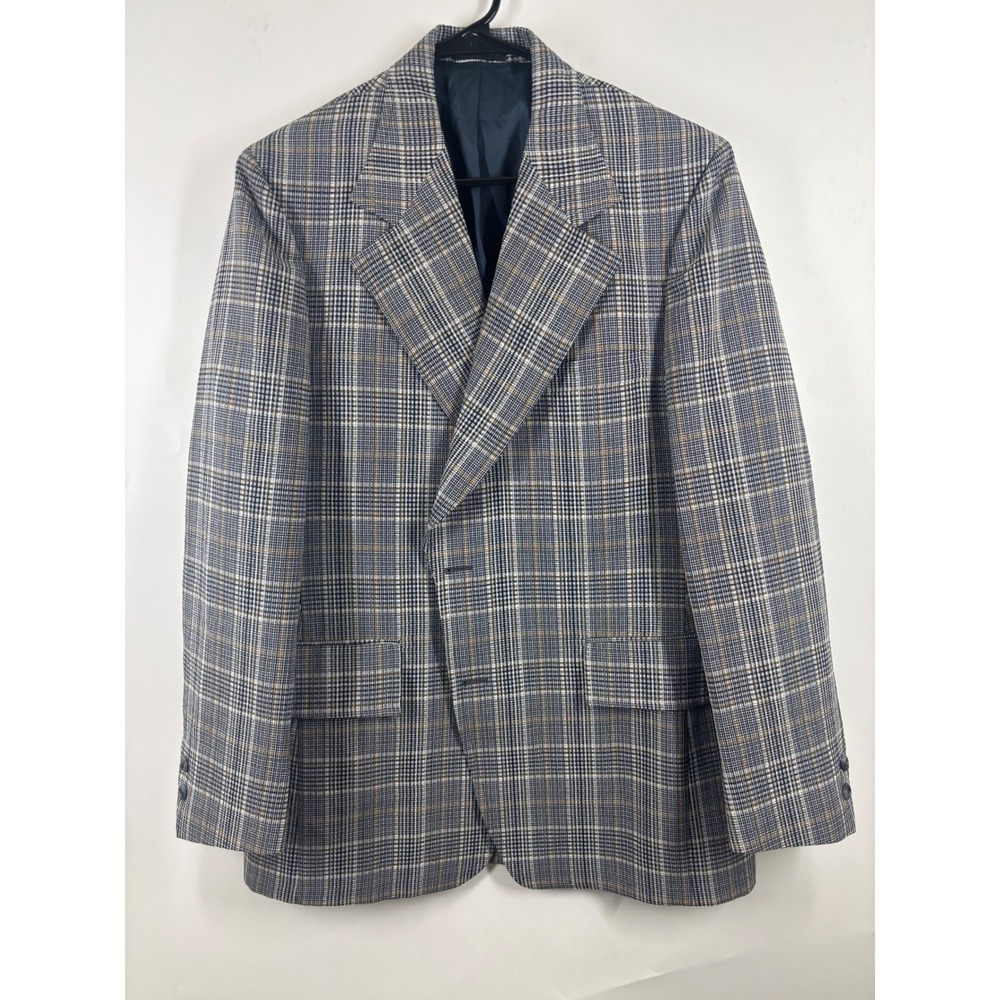 Vintage Campus Togs Glen Plaid Blazer Blue Grey Tan Men Sport Coat Scarsdale XXL